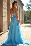 Sparkly Blue A Line Sweetheart Beaded Long Prom Dress With Slit