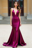 Dark Purple Mermaid Spaghetti Straps Long Satin Prom Dress