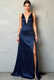 Navy Deep V Neck Sheath Satin Formal Dress with Slit