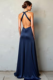 Navy Deep V Neck Sheath Satin Formal Dress with Slit