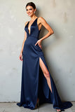 Navy Deep V Neck Sheath Satin Formal Dress with Slit