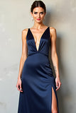 Navy Deep V Neck Sheath Satin Formal Dress with Slit