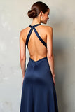 Navy Deep V Neck Sheath Satin Formal Dress with Slit