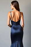 Navy Sheath Spaghetti Straps Long Satin Prom Dress With Slit