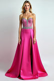 Sparkly Fuchsia A Line Sequin Sweetheart Long Prom Dress With Slit