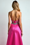 Sparkly Fuchsia A Line Sequin Sweetheart Long Prom Dress With Slit