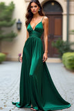 Dark Green A Line Spaghetti Straps Satin Long Prom Dress With Slit