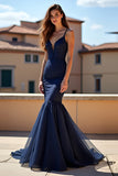 Mermaid Navy Spaghetti Straps Long Lace Prom Dress