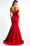 Red Mermaid Off The Shoulder Corset Long Prom Dress With Lace