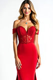 Red Mermaid Off The Shoulder Corset Long Prom Dress With Lace