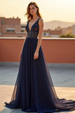 Navy Deep V-Neck Tulle A Line Formal Dress with Beading