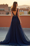 Navy Deep V-Neck Tulle A Line Formal Dress with Beading