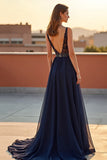 Navy Deep V-Neck Tulle A Line Formal Dress with Beading