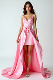 A Line Pink Spaghetti Straps Long Prom Dress With Train