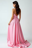 A Line Pink Spaghetti Straps Long Prom Dress With Train