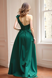 Dark Green One Shoulder A Line Long Bridesmaid Dress