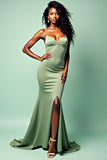 Sage Spaghetti Straps Mermaid Ruched Long Wedding Guest Dress with Slit