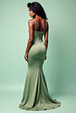 Sage Spaghetti Straps Mermaid Ruched Long Wedding Guest Dress with Slit