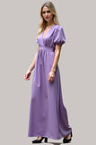 Purple A Line Short Sleeves Long Bridesmaid Dress