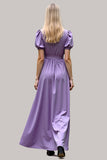 Purple A Line Short Sleeves Long Bridesmaid Dress