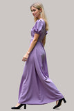 Purple A Line Short Sleeves Long Bridesmaid Dress