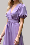 Purple A Line Short Sleeves Long Bridesmaid Dress