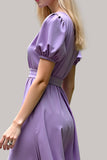 Purple A Line Short Sleeves Long Bridesmaid Dress