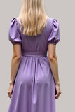 Purple A Line Short Sleeves Long Bridesmaid Dress