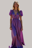 Purple A Line Puff Sleeves Backless Long Bridesmaid Dress