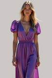 Purple A Line Puff Sleeves Backless Long Bridesmaid Dress