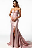 Dusty Rose Spaghetti Straps Mermaid Pleated Formal Dress with Slit