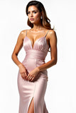 Dusty Rose Spaghetti Straps Mermaid Pleated Formal Dress with Slit