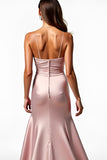 Dusty Rose Spaghetti Straps Mermaid Pleated Formal Dress with Slit