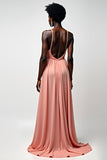 Blush Pink Spaghetti Straps A line Backless Long Bridesmaid Dress