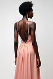 Blush Pink Spaghetti Straps A line Backless Long Bridesmaid Dress