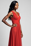 Red Spaghetti Straps A Line Long Bridesmaid Dress