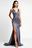 Steel Grey Mermaid Spaghetti Straps Long Bridesmaid Dress