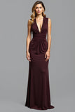 Sheath Cabernet Sleeveless V Neck Pleated Long Bridesmaid Dress