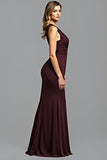 Sheath Cabernet Sleeveless V Neck Pleated Long Bridesmaid Dress