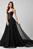 Spaghetti Straps Sparkly Black A Line Long Formal Dress