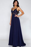 Navy Spaghetti Straps A Line Appliqued Formal Dress with Slit