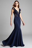 Sparkly Navy V-Neck Mermaid Formal Dress with Cap Sleeves