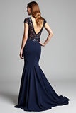 Sparkly Navy V-Neck Mermaid Formal Dress with Cap Sleeves