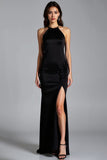 Mermaid Halter Backless Black Dress With Slit