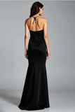 Mermaid Halter Backless Black Dress With Slit