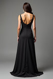 A Line Deep V-Neck Black Dress With Slit