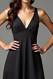 A Line Deep V-Neck Black Dress With Slit