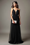 A Line Deep V-Neck Chiffon Black Dress