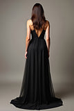 A Line Deep V-Neck Chiffon Black Dress