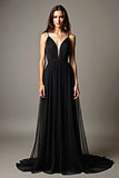 A Line Deep V-Neck Chiffon Black Dress